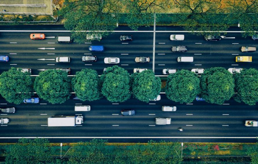 Aerial view of a highway separated by greenery